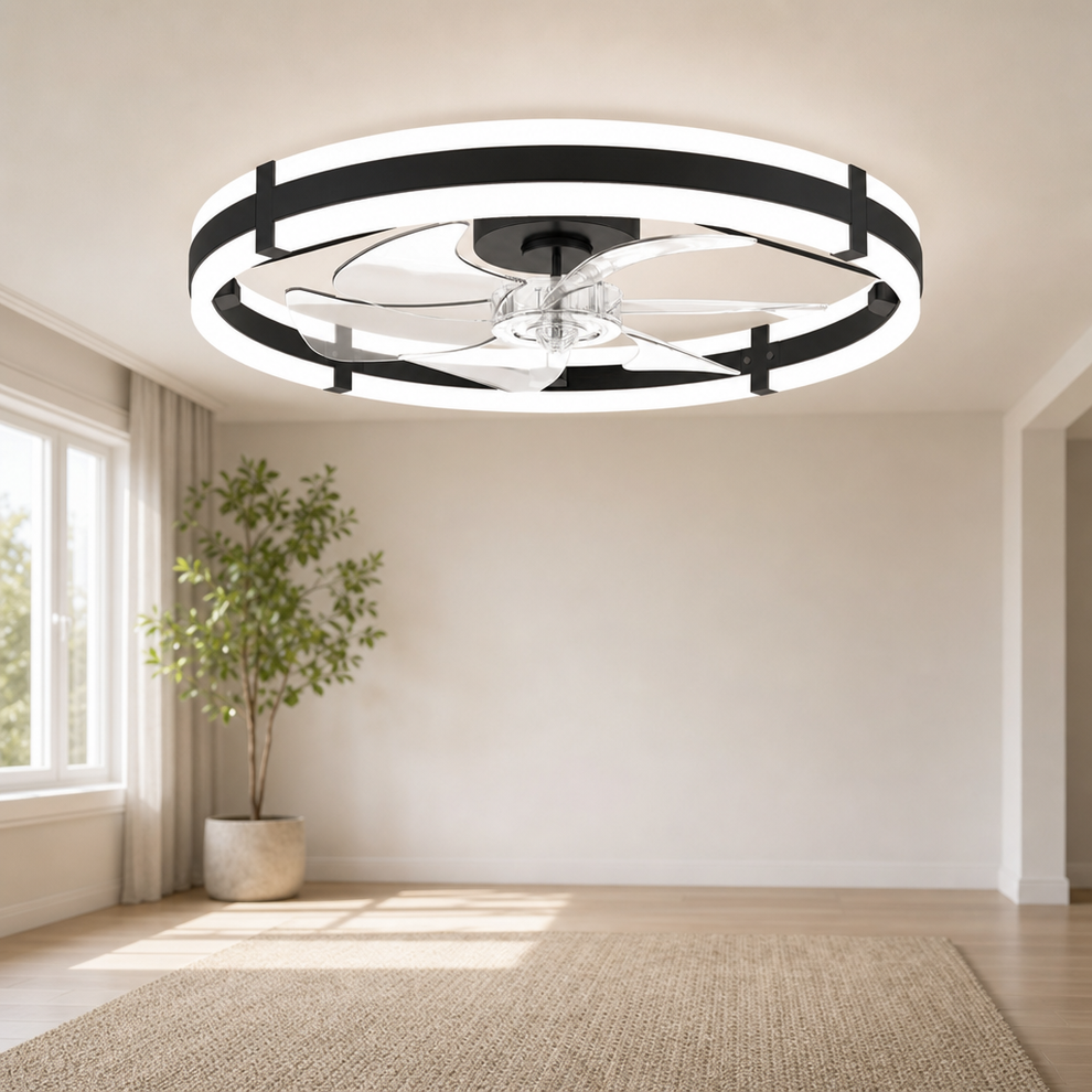 24 in Low-Profile Ceiling Fan Light — Flush-Mount LED, 3CCT, Reversible DC Motor,  centered in a warm neutral furnished room