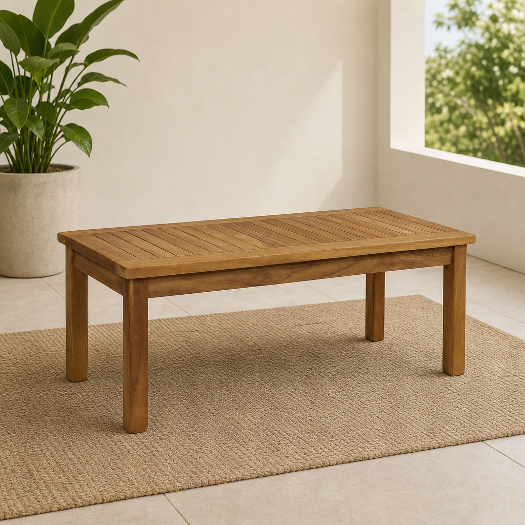 Light brown teak outdoor coffee table angled front view on a neutral rug beside a potted plant and window