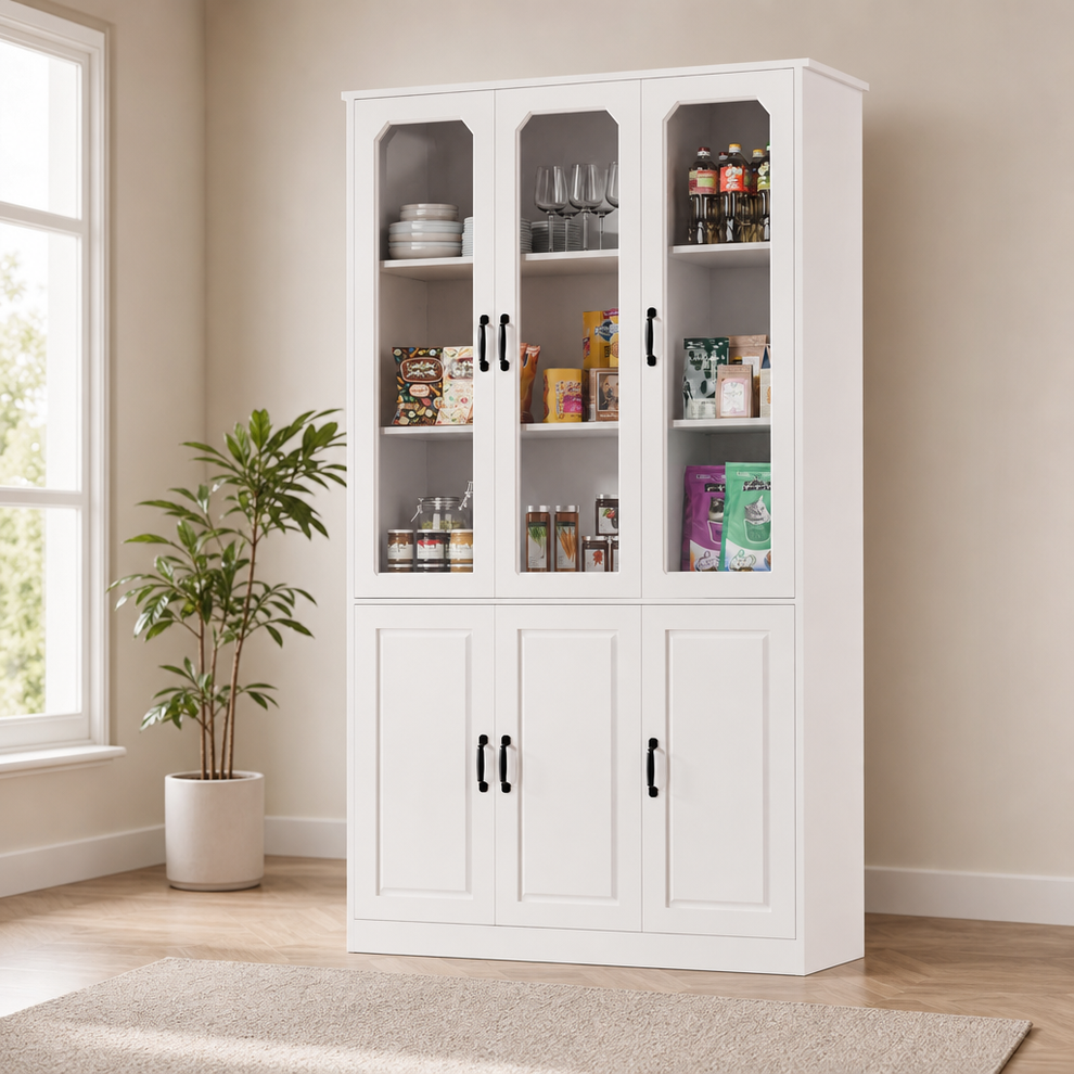 White Kitchen Pantry Cabinet — 78.7" H, 46" W, 3 Glass Doors centered in a warm neutral furnished room