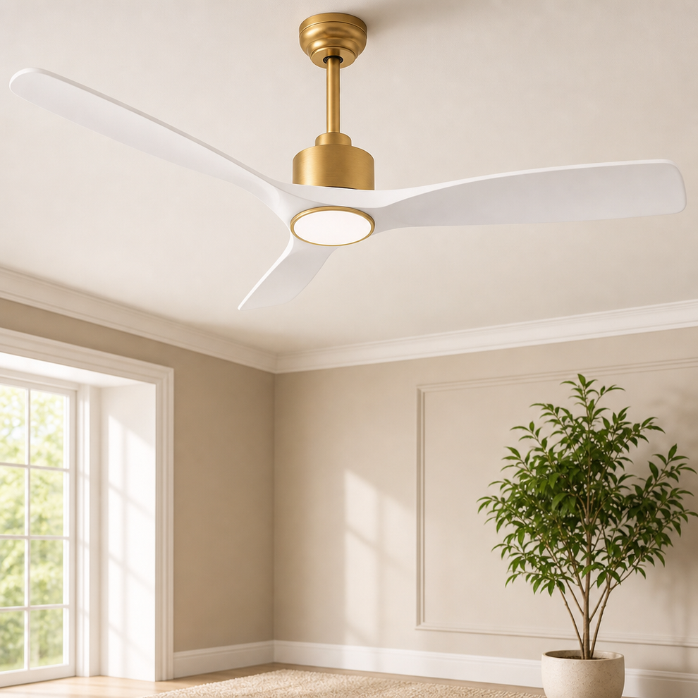 52-Inch ABS Blade Ceiling Fan with 20W LED Light — White/Gold Smart Control centered in a warm neutral furnished room