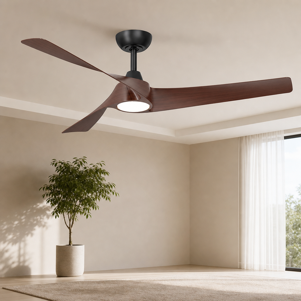52-Inch 3-Blade Ceiling Fan with Integrated Light — Dimmable 3000K–6500K, Dark Wal centered in a warm neutral furnished room