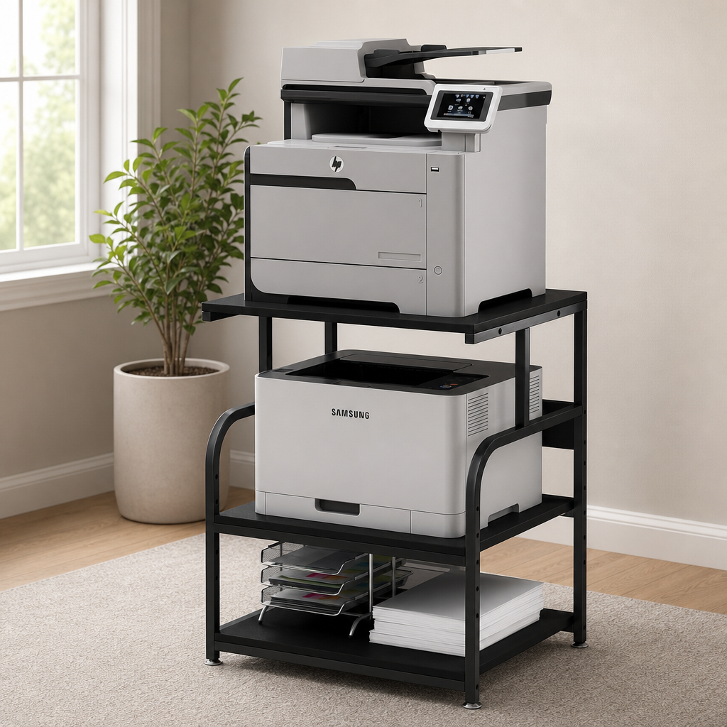 3-Tier Printer Stand with Adjustable Shelf & Locking Casters, 23.6"W x 18.9"D, Bla centered in a warm neutral furnished room