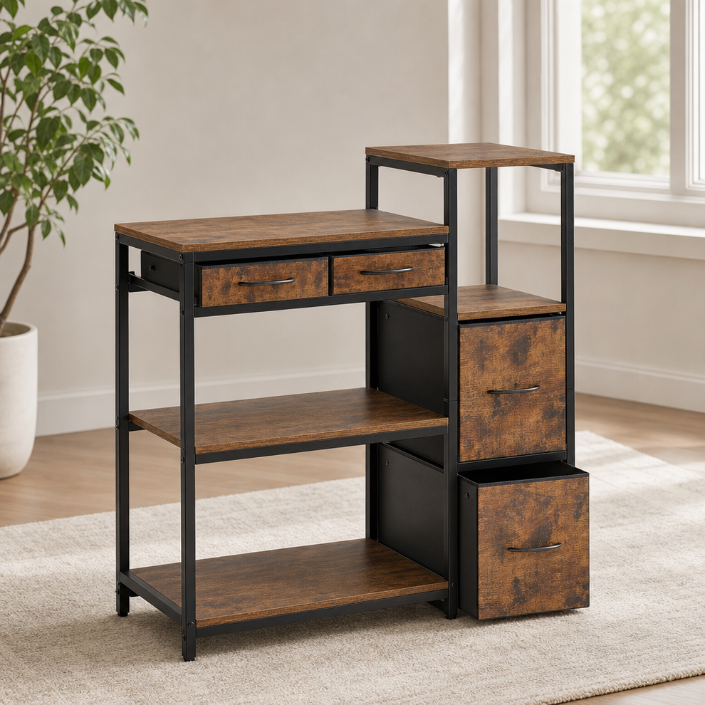 Printer Stand 43-inch Steel Frame with Open Shelves, Fabric and File Drawers centered in a warm neutral furnished room