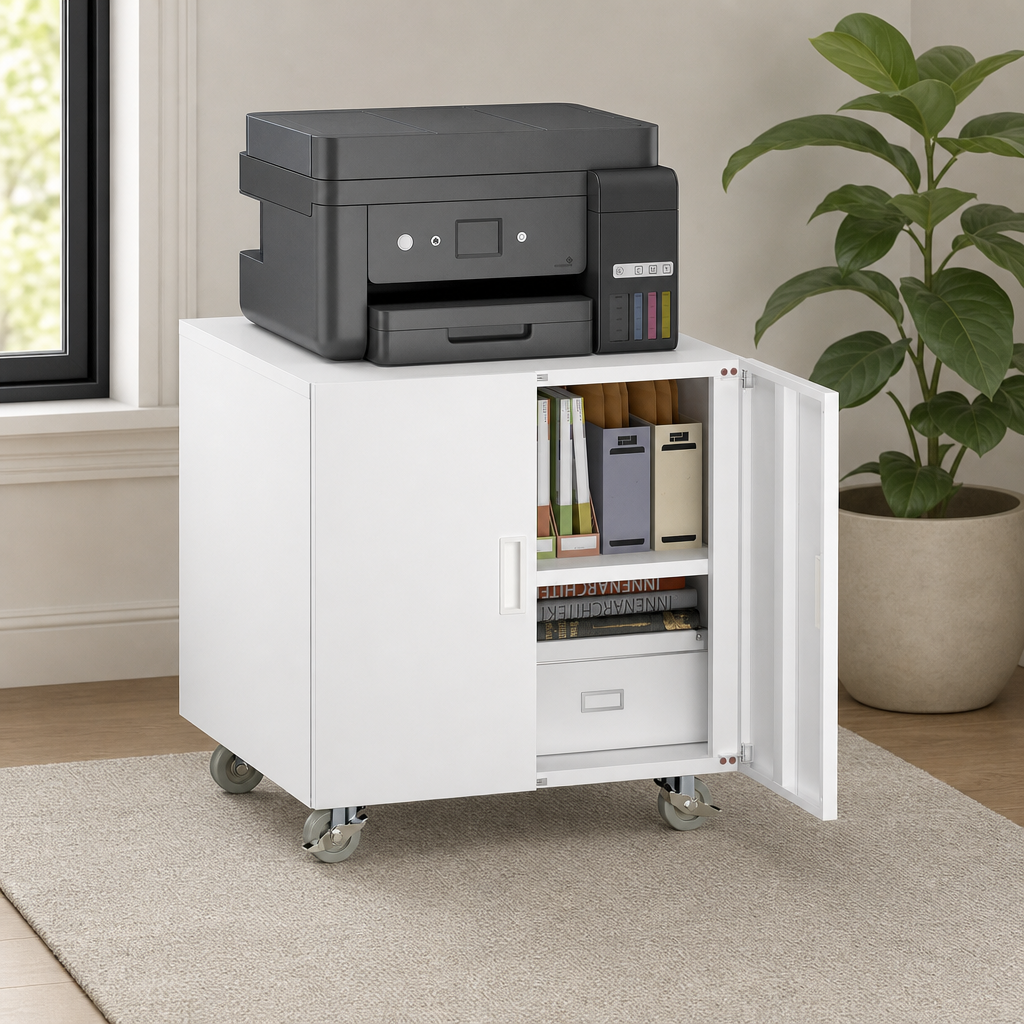 Metal Rolling Printer Stand with Adjustable Shelf & Locking Casters centered in a warm neutral furnished room