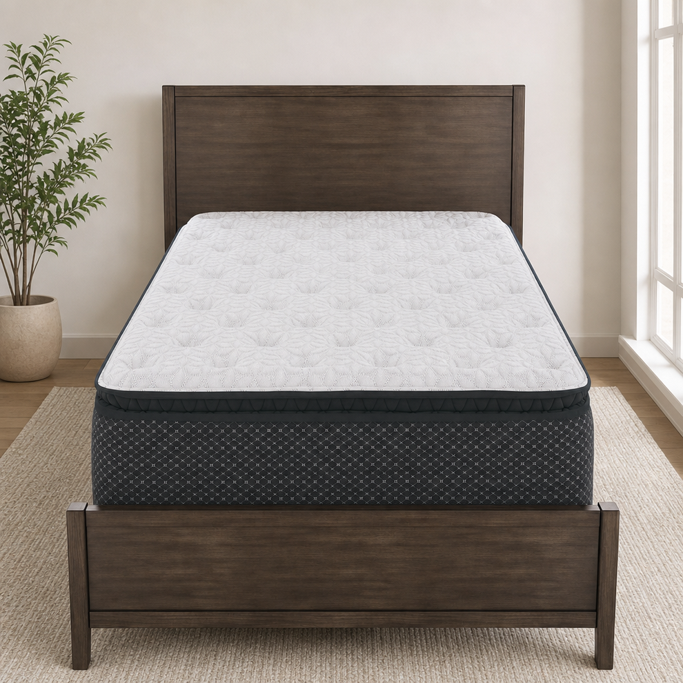13-inch Pillow-Top Hybrid Mattress with Gel Memory Foam & Wrapped Coils, Queen centered in a warm neutral furnished room