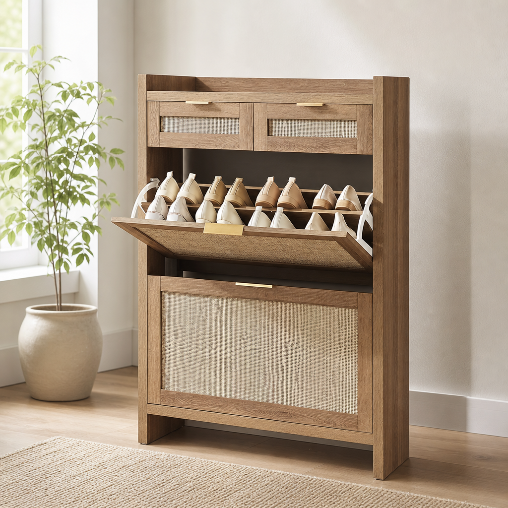2-Flip Handwoven Rattan Shoe Cabinet with Drawers, Slim Entryway Organizer centered in a warm neutral furnished room