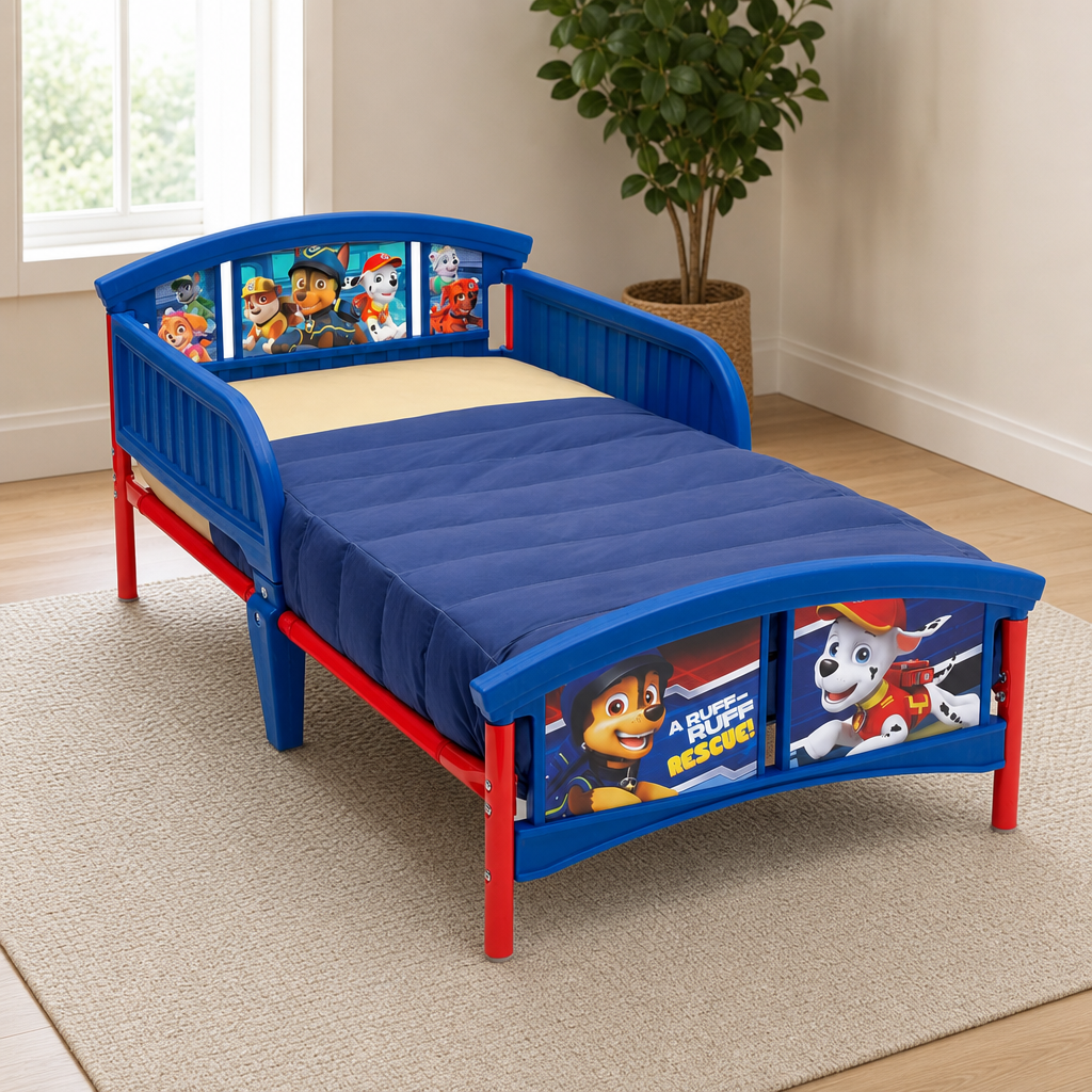 Delta Children Plastic Toddler Bed, Nick Jr. PAW Patrol centered in a warm neutral furnished room