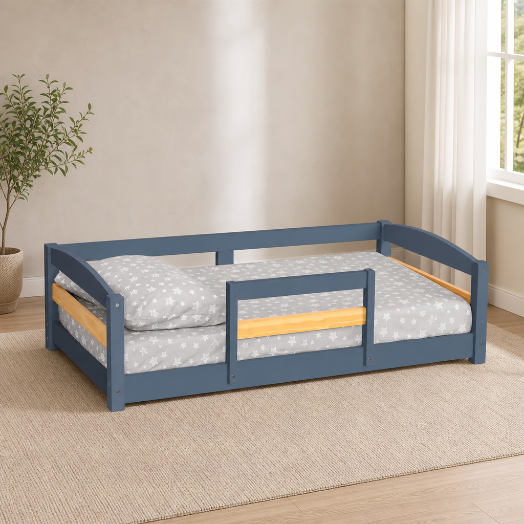 Montessori Floor Bed with Removable Guardrail — Fits Standard Crib Mattress centered in a warm neutral furnished room