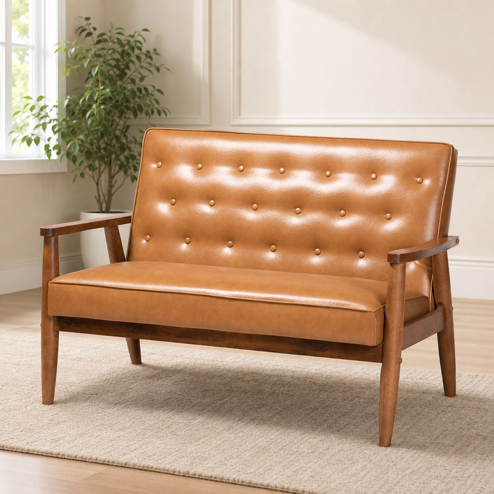 Baxton Studio Loveseat — Tan Faux Leather, Walnut Brown Frame centered in a warm neutral furnished room
