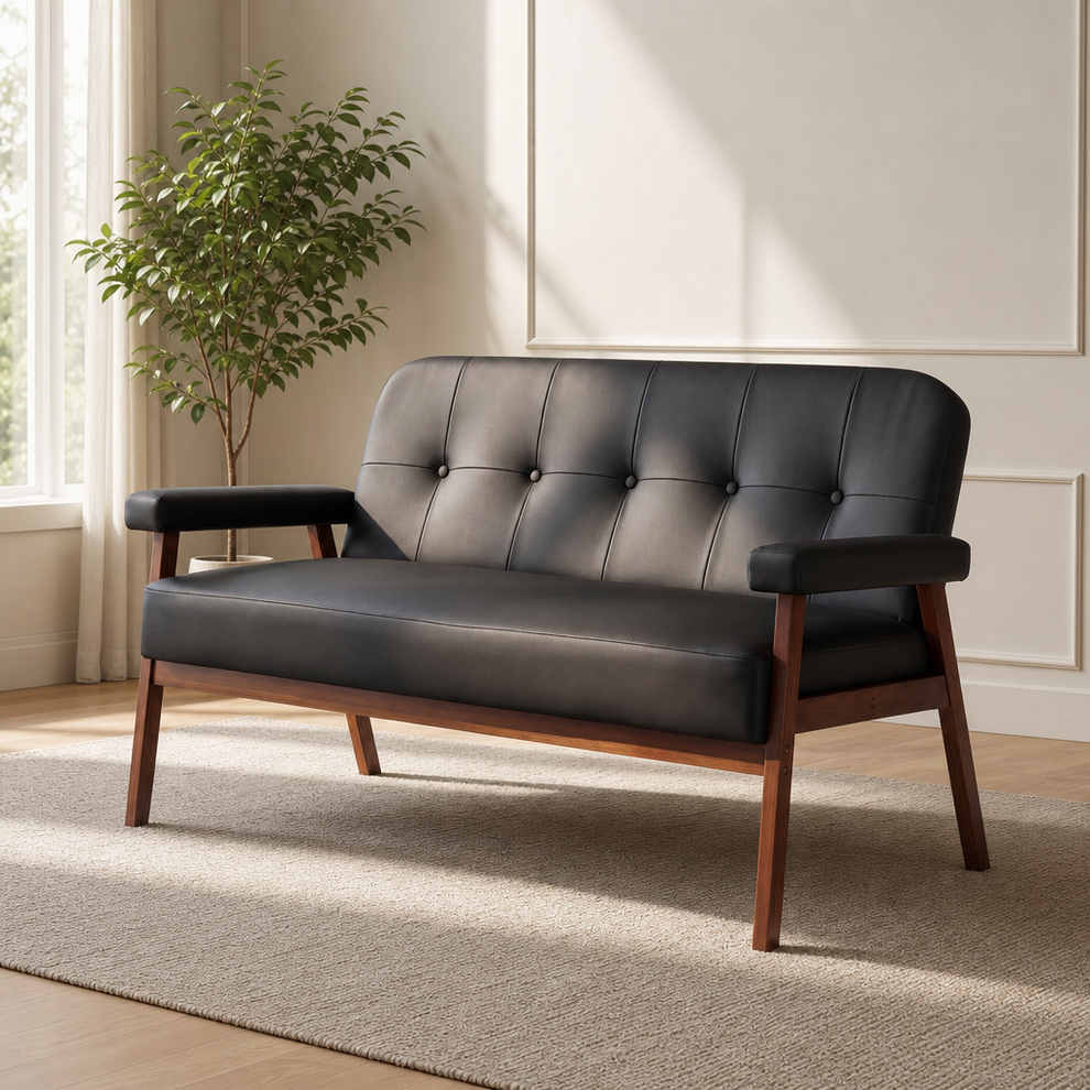 Loveseat — Black Faux Leather Tufted Back with Padded Wood Arms centered in a warm neutral furnished room