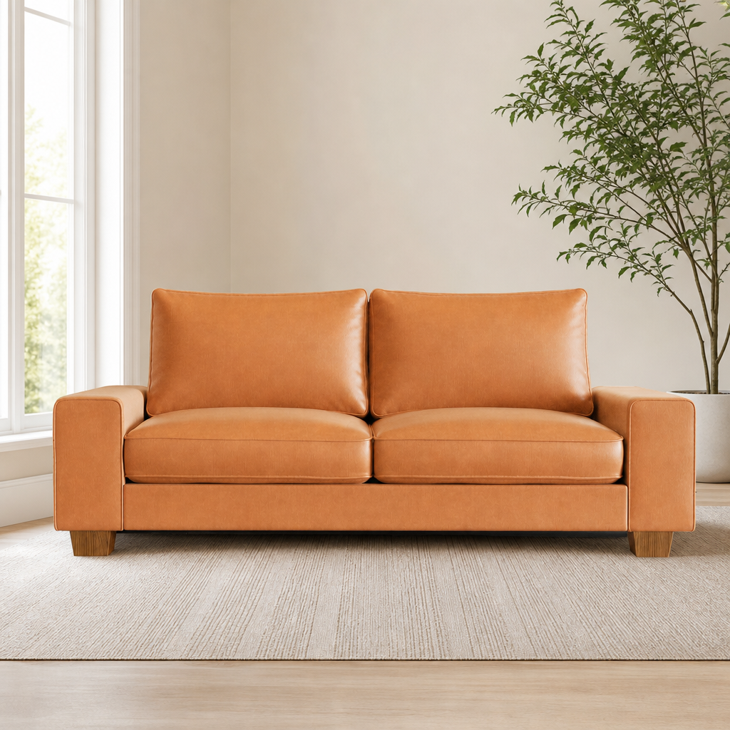 Faux Leather Loveseat Sofa, 71.25" with Wide Arms & Side Pockets centered in a warm neutral furnished room
