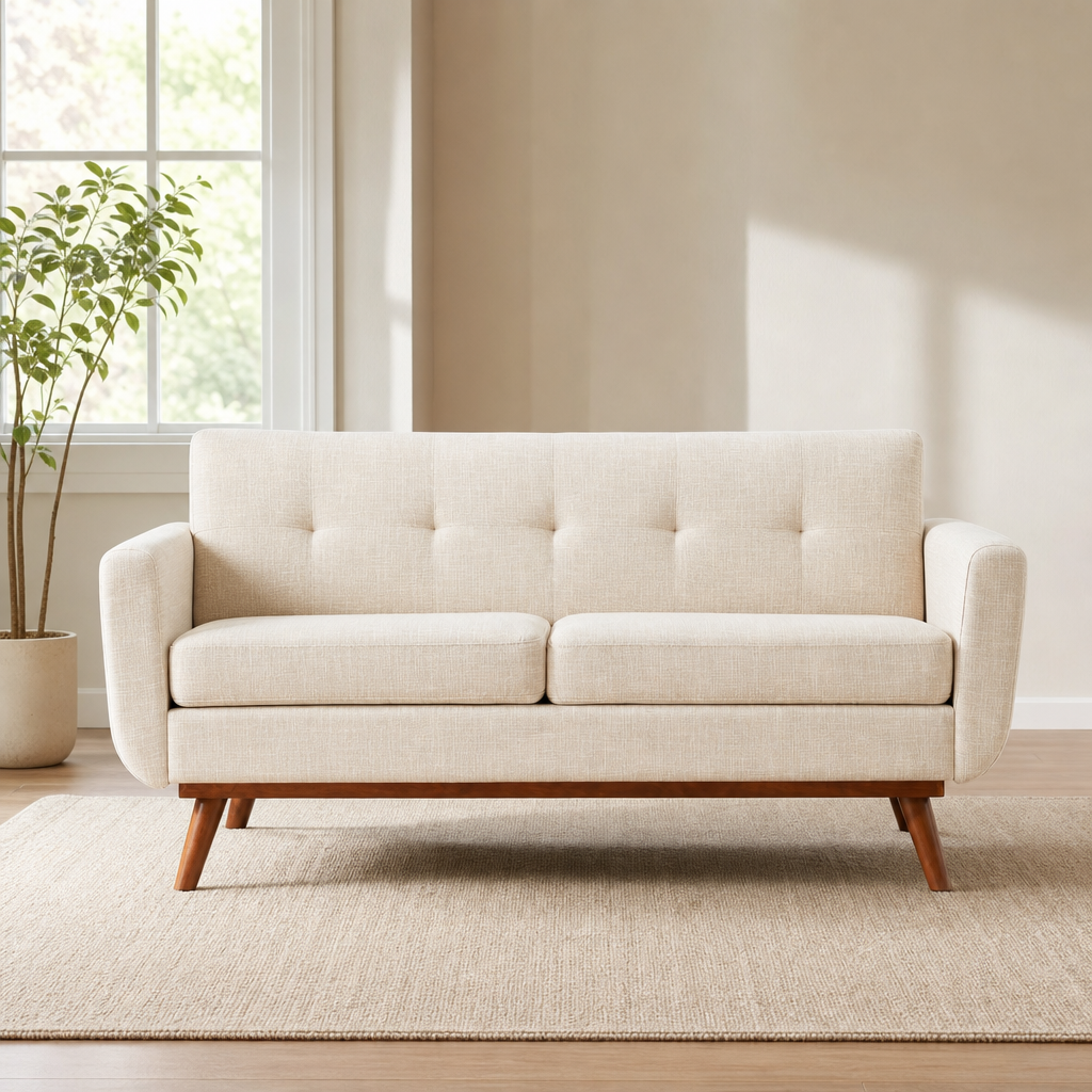 Kingfun Mid-Century Tufted Upholstered Sofa Collection centered in a warm neutral furnished room