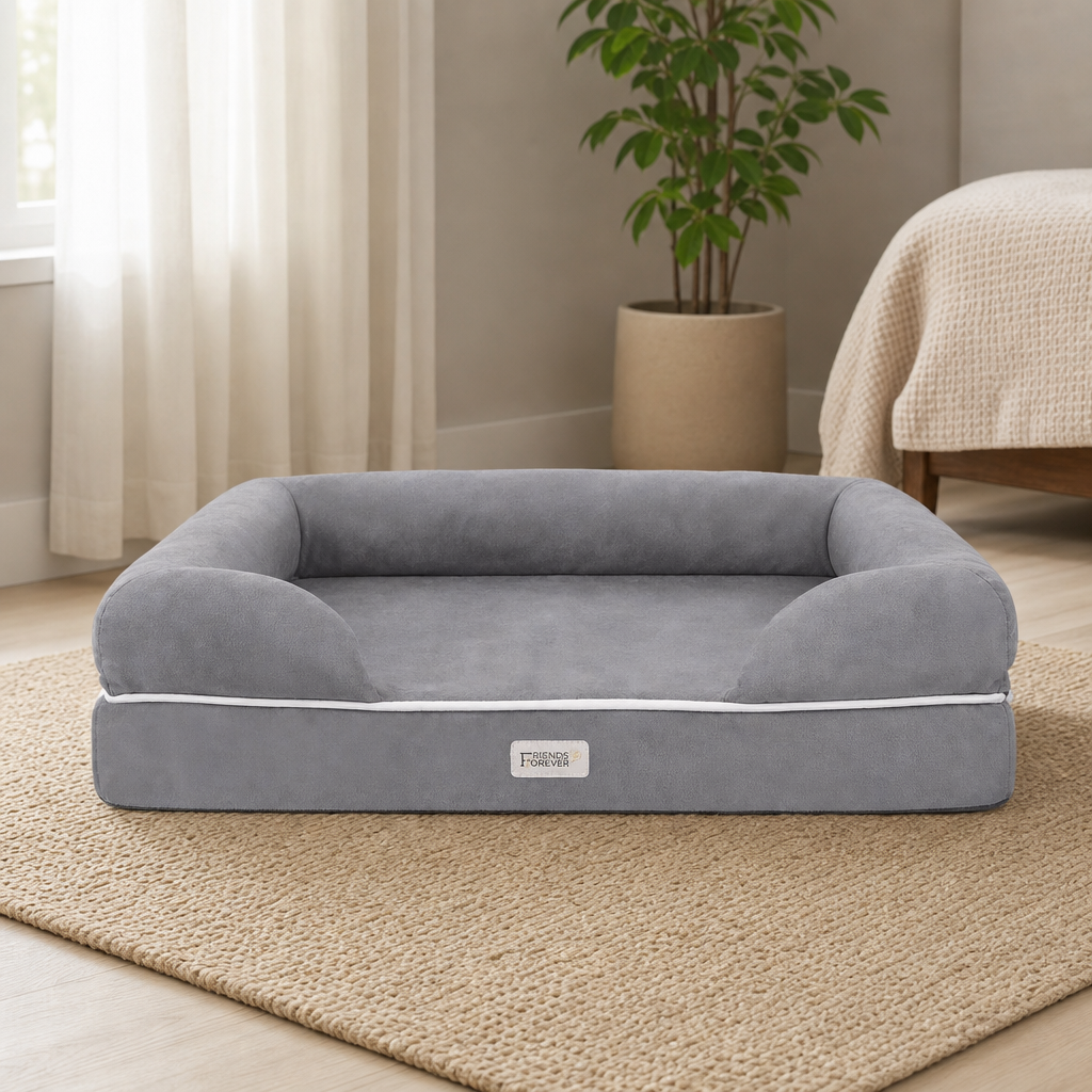 Memory Foam Orthopedic Dog Bed with Bolster, Washable Cover centered in a warm neutral furnished room