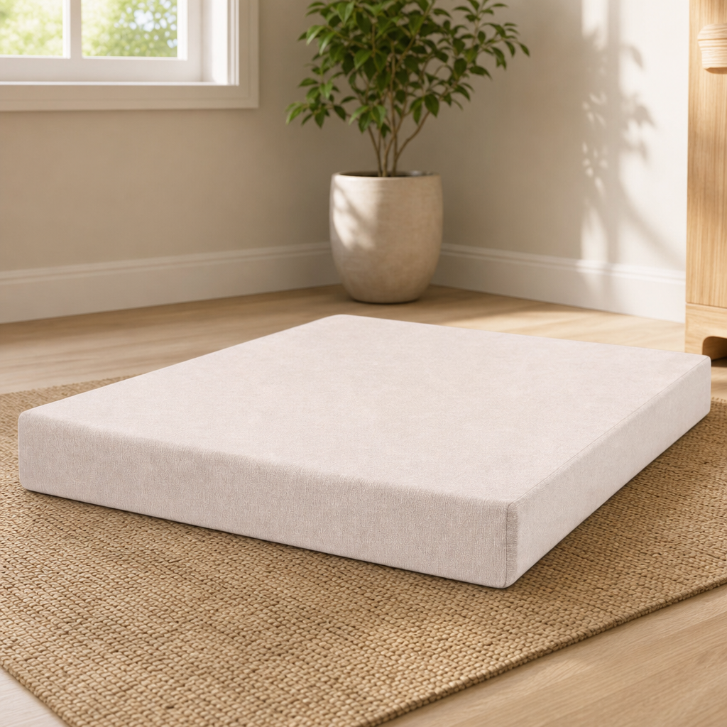 Giant Orthopedic Dog Bed, 7" Layered Foam — Removable Cover centered in a warm neutral furnished room