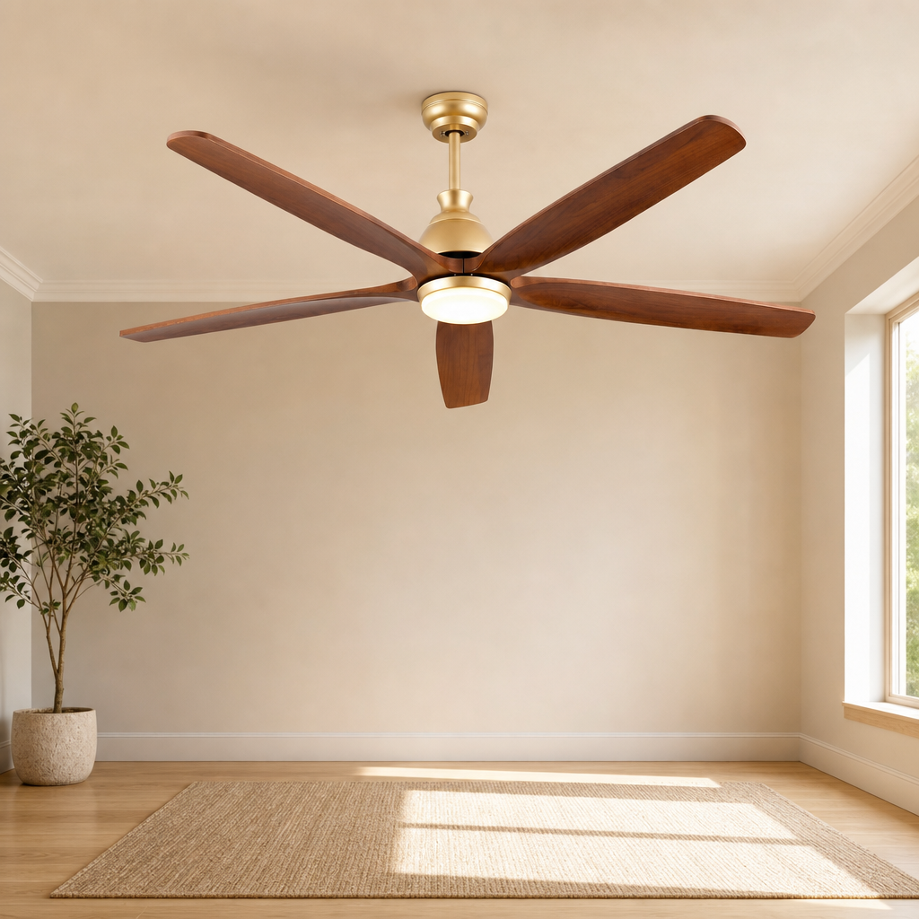60 or 72 Inch Solid Wood 5-Blade Ceiling Fan with LED Light, DC Motor & Remote centered in a warm neutral furnished room
