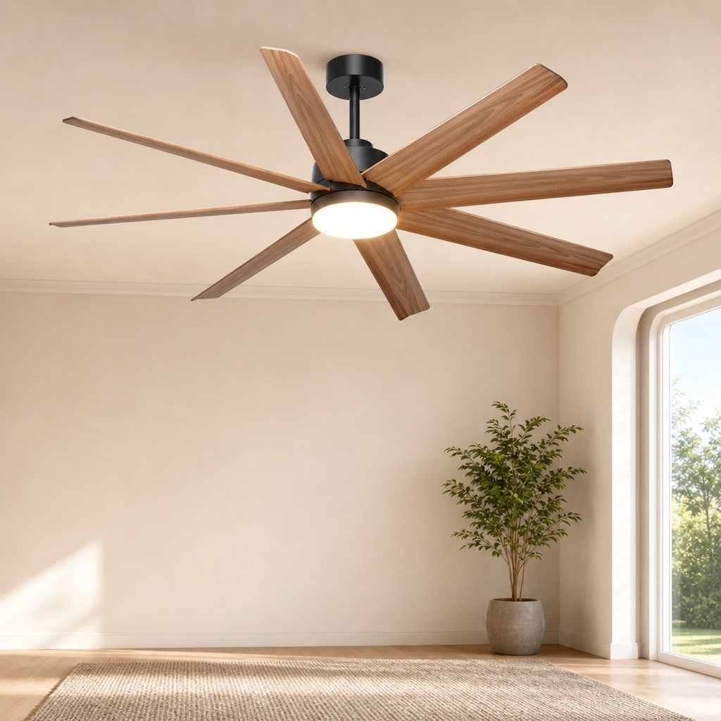 60-Inch 8-Blade Ceiling Fan with Dimmable LED, DC Motor, Remote & App centered in a warm neutral furnished room