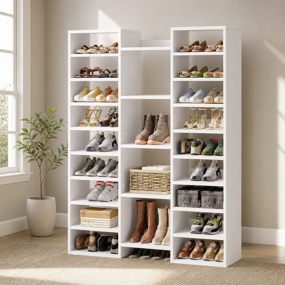 Shoe Rack 14-Tier 46-Pair White MDF with Display Top and Anti-Tip Kit, 59 in H centered in a warm neutral furnished room