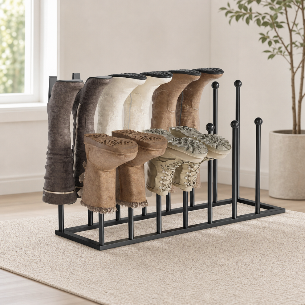 Black metal boot rack holding tall and hiking boots, angled front view on a light rug in an entryway
