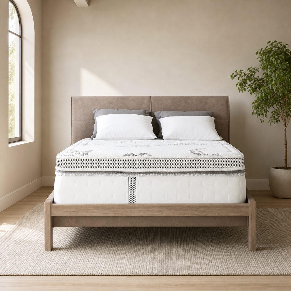 Pillow-Top Hybrid Mattress, 12-Inch Gel-Infused Memory Foam with Wrapped Coil Supp centered in a warm neutral furnished room