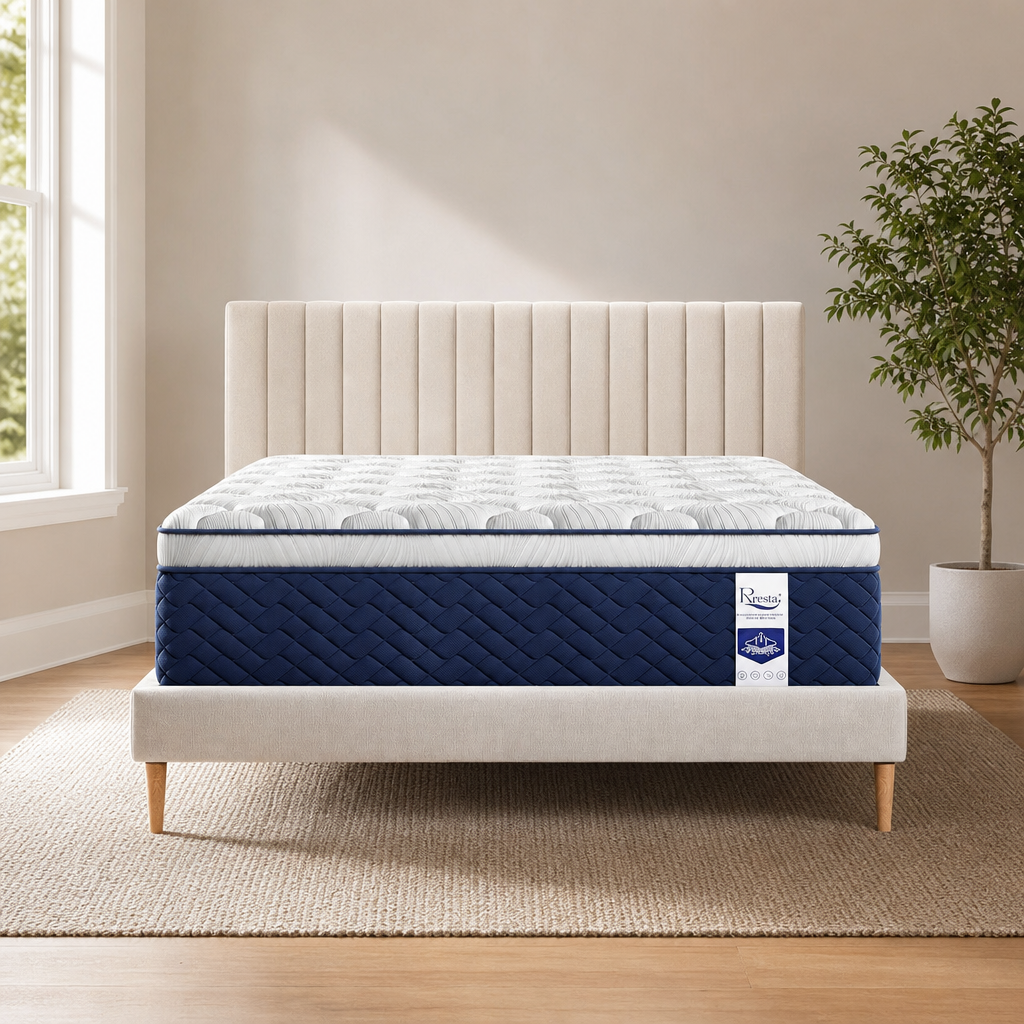 Firm Hybrid Mattress — 7-Zone Pocket Coils & Gel-Infused Memory Foam centered in a warm neutral furnished room