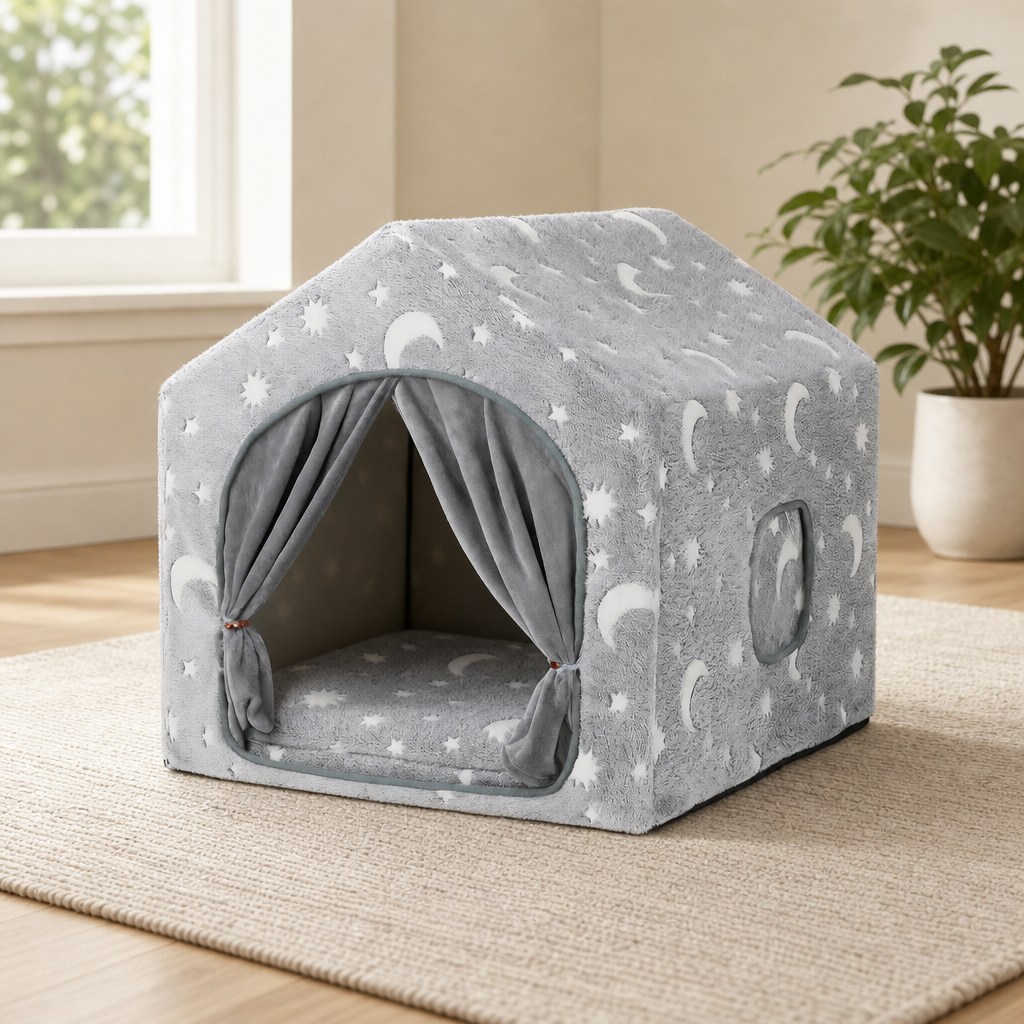 Grey Plush Indoor Dog House with Reversible Cushion & PVC Frame centered in a warm neutral furnished room