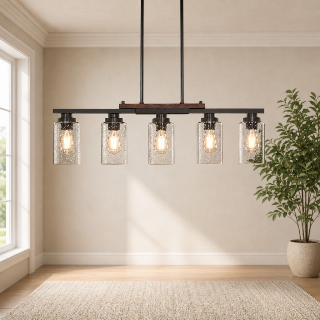 5-Light Seeded Glass Island Pendant Chandelier, Black Metal with Wood Accent, Adju centered in a warm neutral furnished room