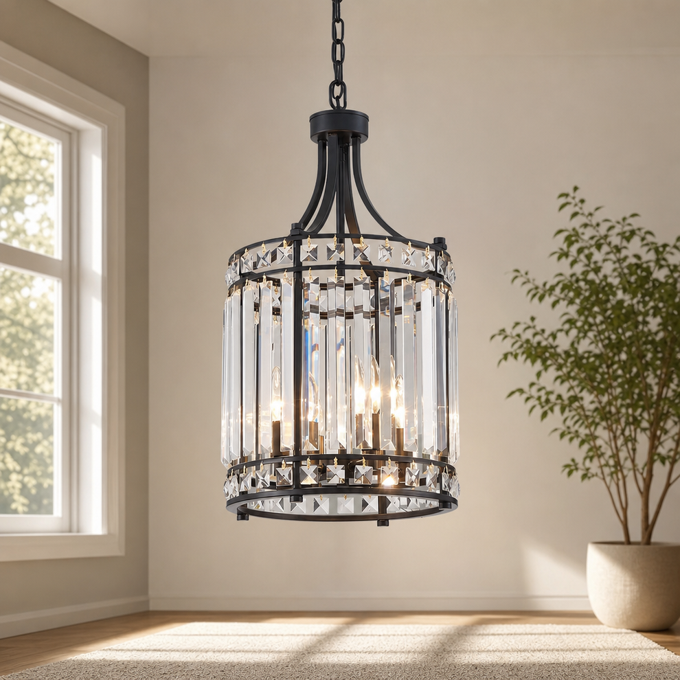 11.8" K9 Crystal All-Metal 4-Light Pendant Chandelier, Adjustable Height centered in a warm neutral furnished room
