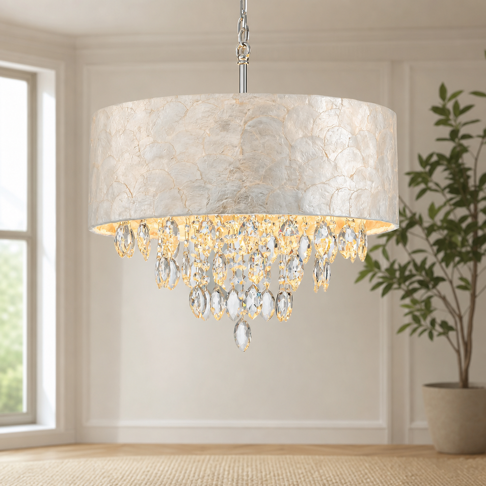 4-Light Capiz Shell Drum Chandelier with K9 Crystal Pendants, 17.7 in — Adjustable centered in a warm neutral furnished room
