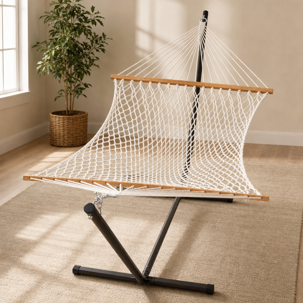 Double Rope Hammock with Steel Stand — Cotton-Blend, 2-Person (Natural) centered in a warm neutral furnished room
