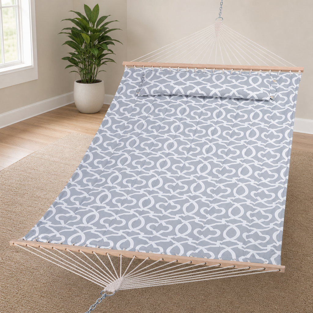 Double Quilted Polyester Hammock with Hardwood Spreader Bar, 78.7 × 55.1 in, Grey  centered in a warm neutral furnished room