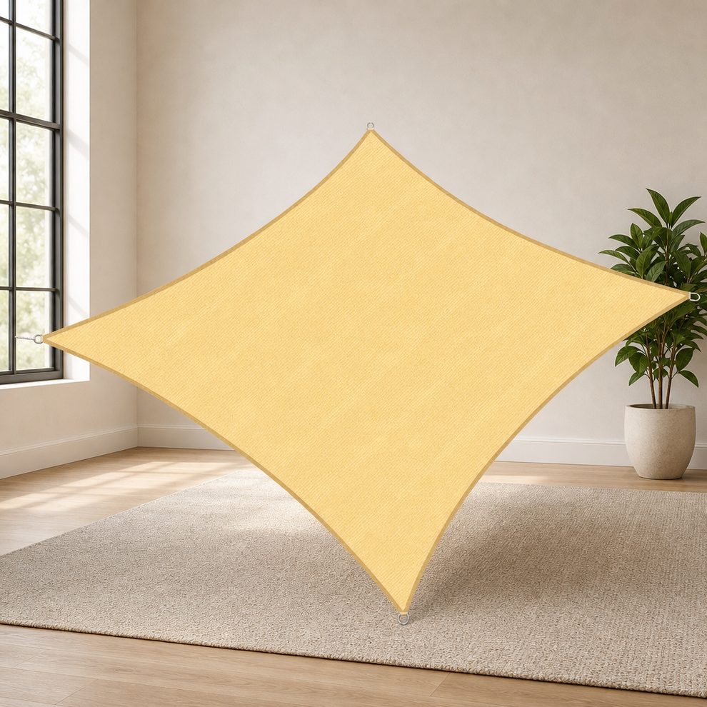 Rectangle Shade Sail 16' x 20' — Sand, HDPE 185 GSM, Curved Edges centered in a warm neutral furnished room