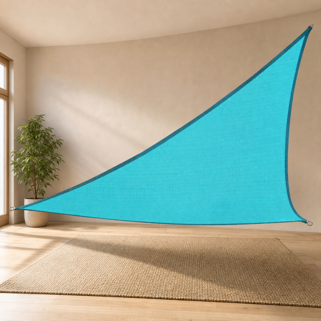 32' x 32' x 32' Turquoise Triangle Shade Sail — UV-Stabilized HDPE centered in a warm neutral furnished room