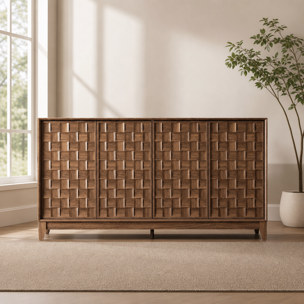 Large 4-Door Sideboard — Walnut Veneer with Solid Wood Doors & Legs centered in a warm neutral furnished room