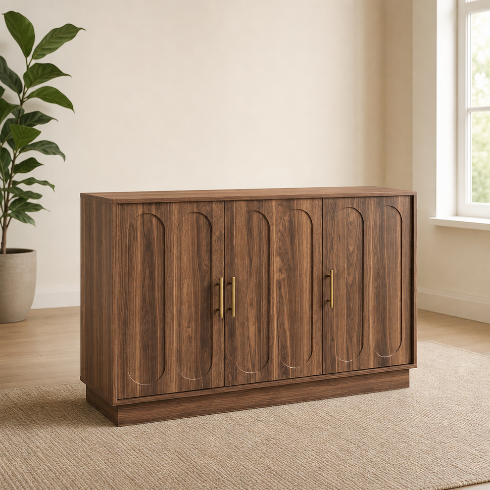 Arched Fluted-Door Storage Cabinet with Gold Handles — 2- or 3-Door centered in a warm neutral furnished room