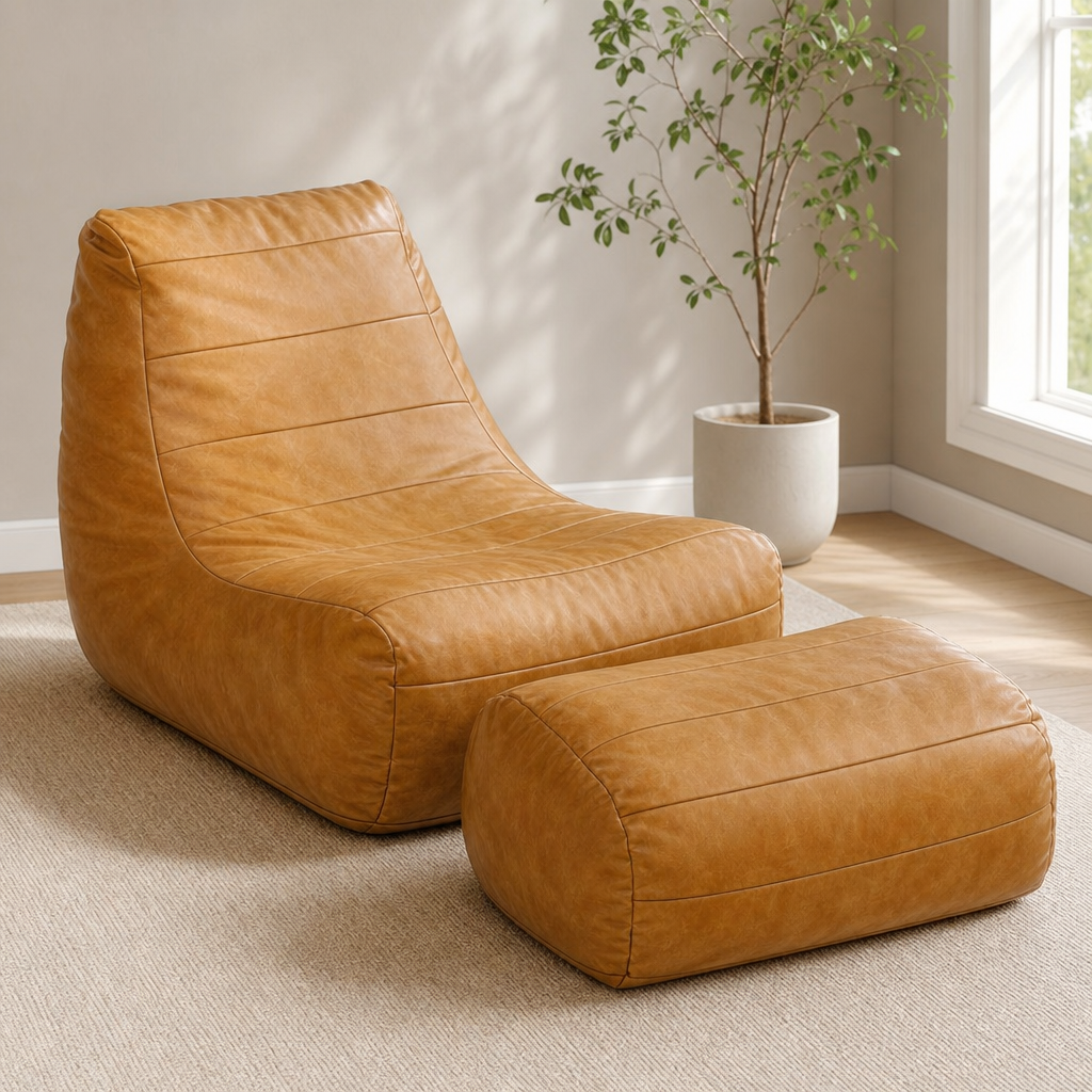 Chair and Ottoman Set — Sculpted Fabric Lounge Chair with Ottoman centered in a warm neutral furnished room