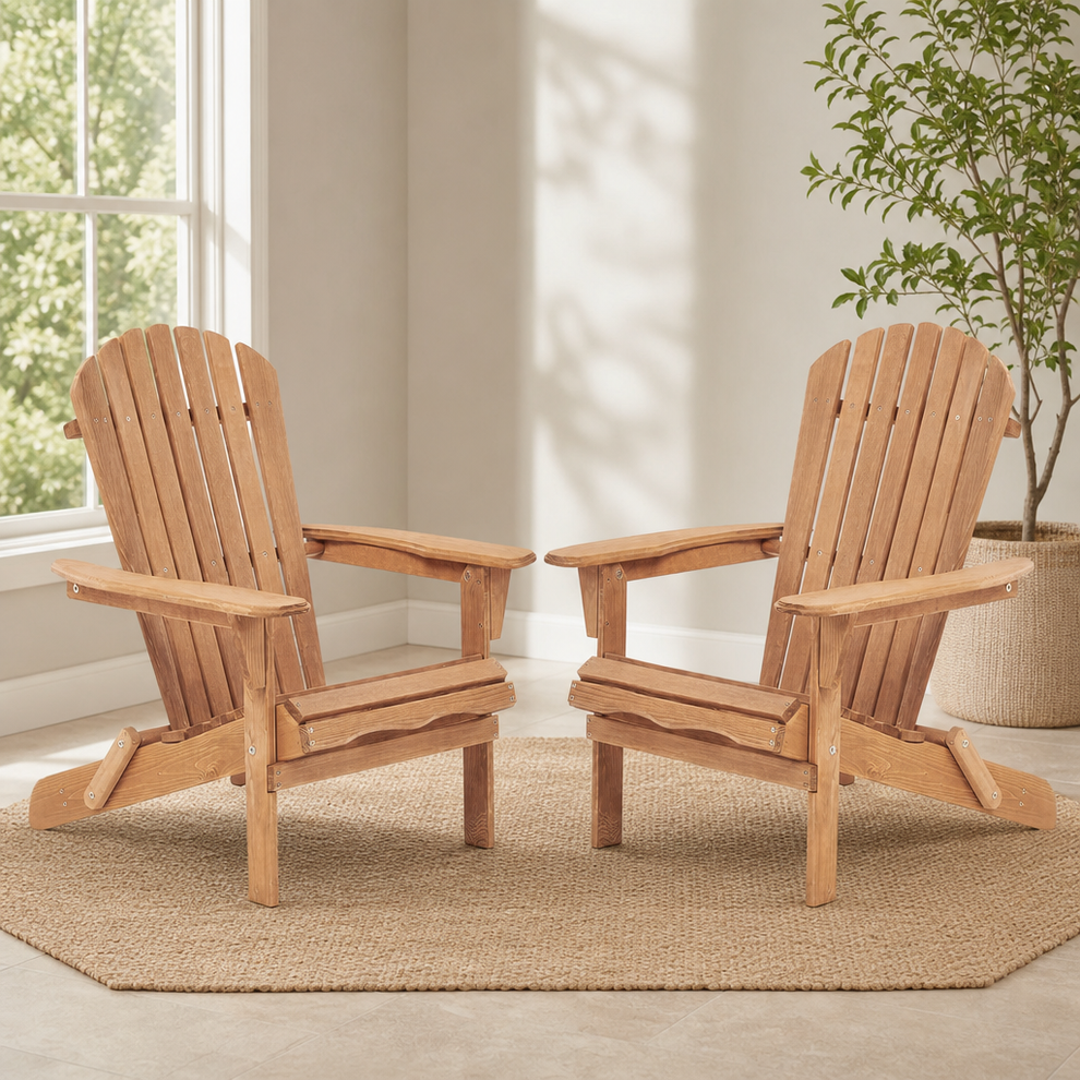Solid Hemlock Folding Adirondack Chair, Set of 2, 36 in H x 28 in W x 31 in D centered in a warm neutral furnished room