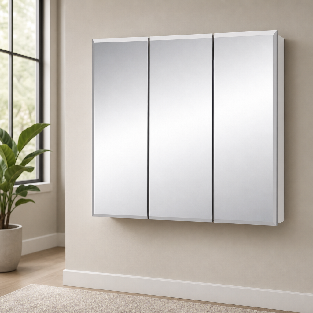 Tri-View Medicine Cabinet, 36 in., White centered in a warm neutral furnished room