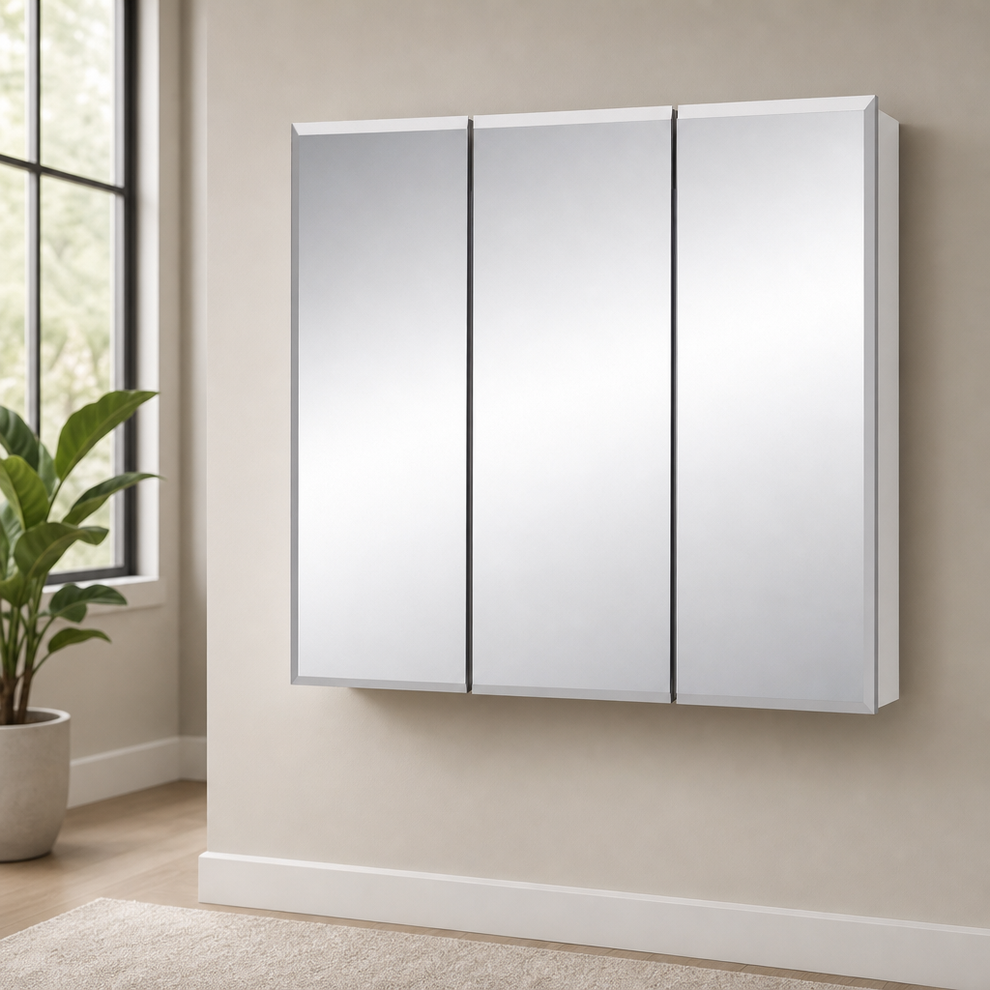 Tri-View Medicine Cabinet, 36 in., White centered in a warm neutral furnished room