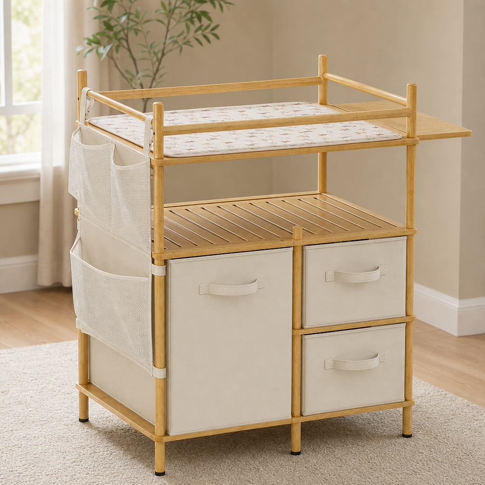Bamboo Table & Dresser with 3 Removable Drawers and Waterproof Pad centered in a warm neutral furnished room