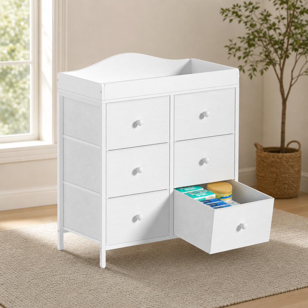 6-Drawer Baby Changing Table Dresser with Removable Top centered in a warm neutral furnished room