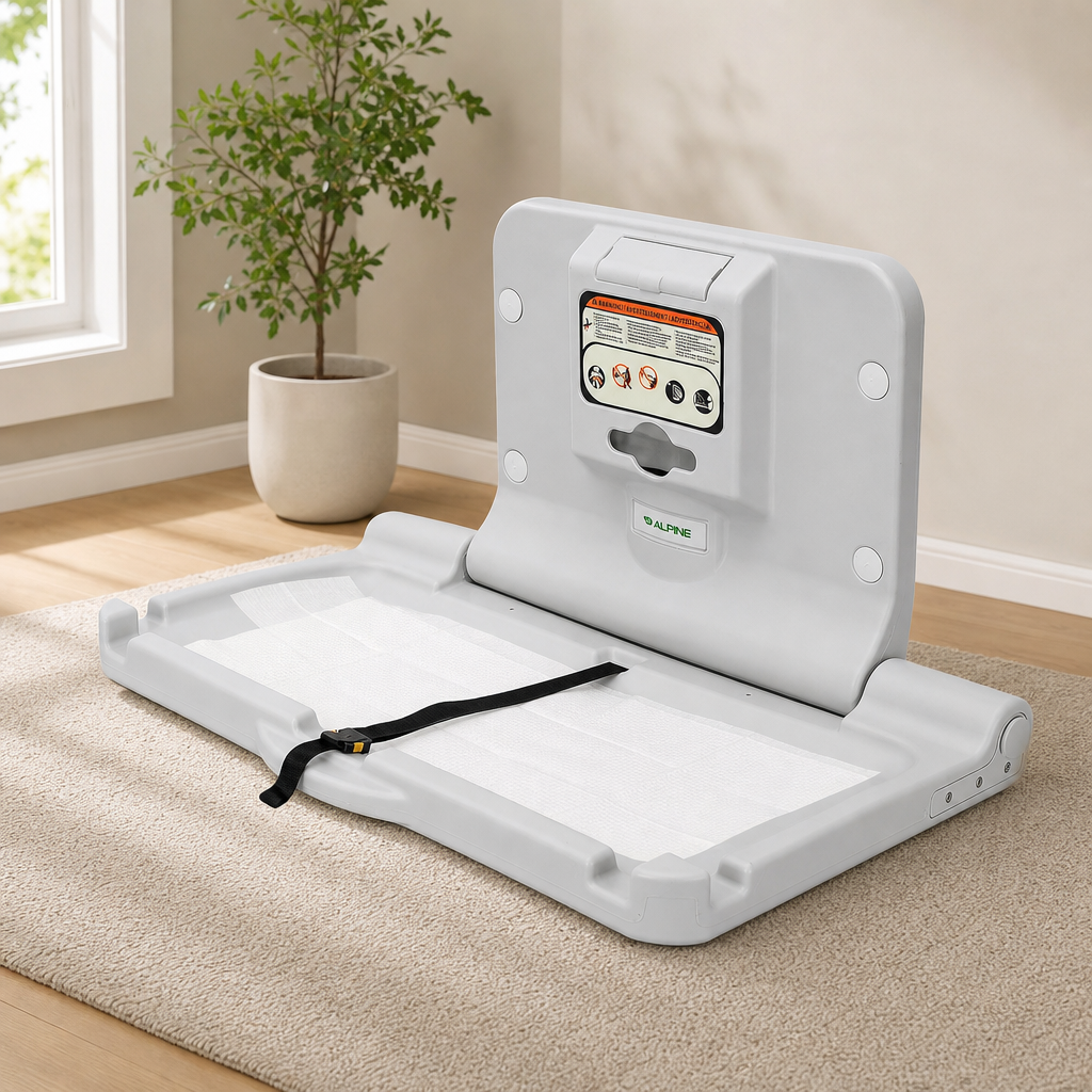 Wall-Mount Fold-Down Baby Changing Station with Safety Straps centered in a warm neutral furnished room
