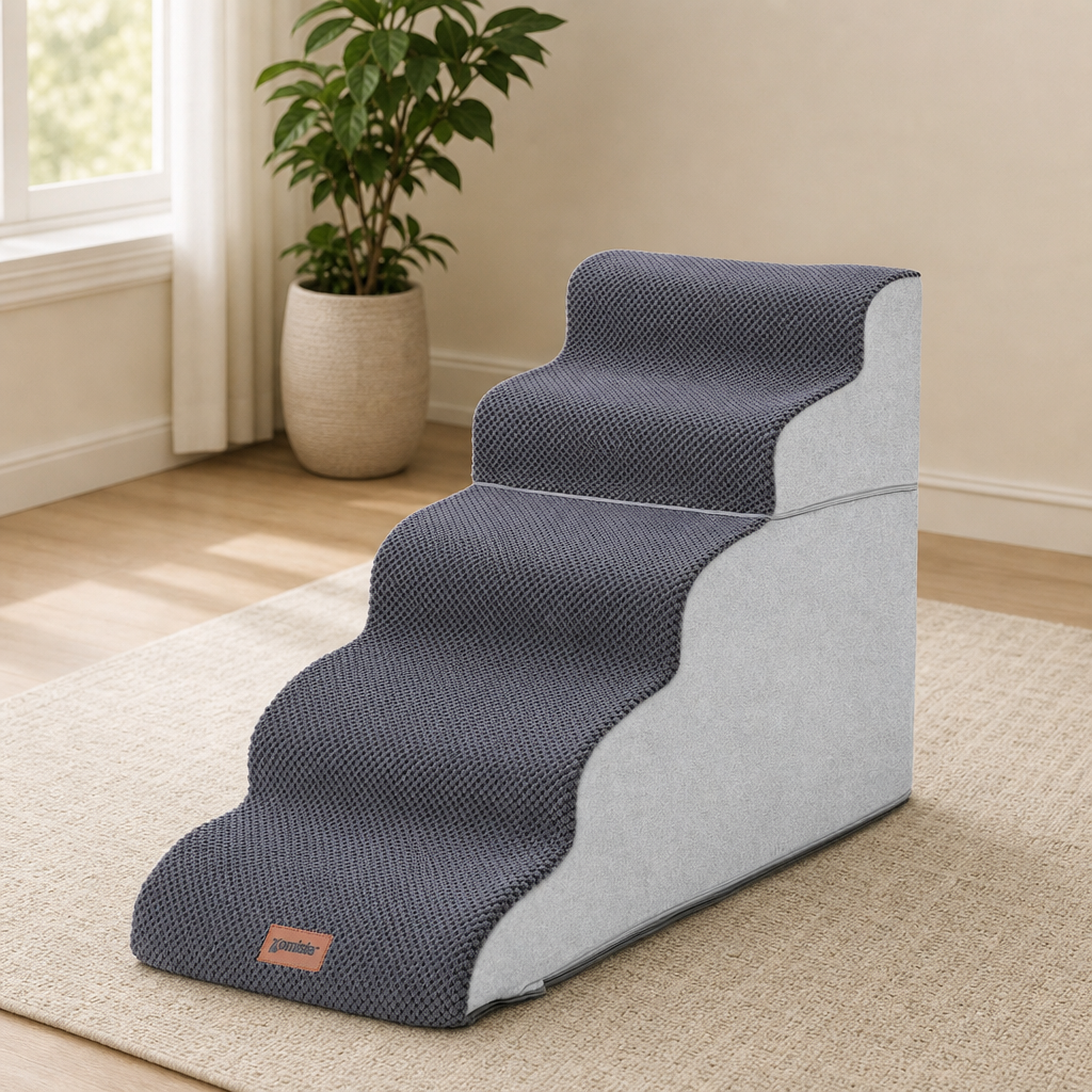 Pet Steps Plush Foam Pet Stairs — 35D Foam with Removable Washable Cover (3/4/5-St centered in a warm neutral furnished room