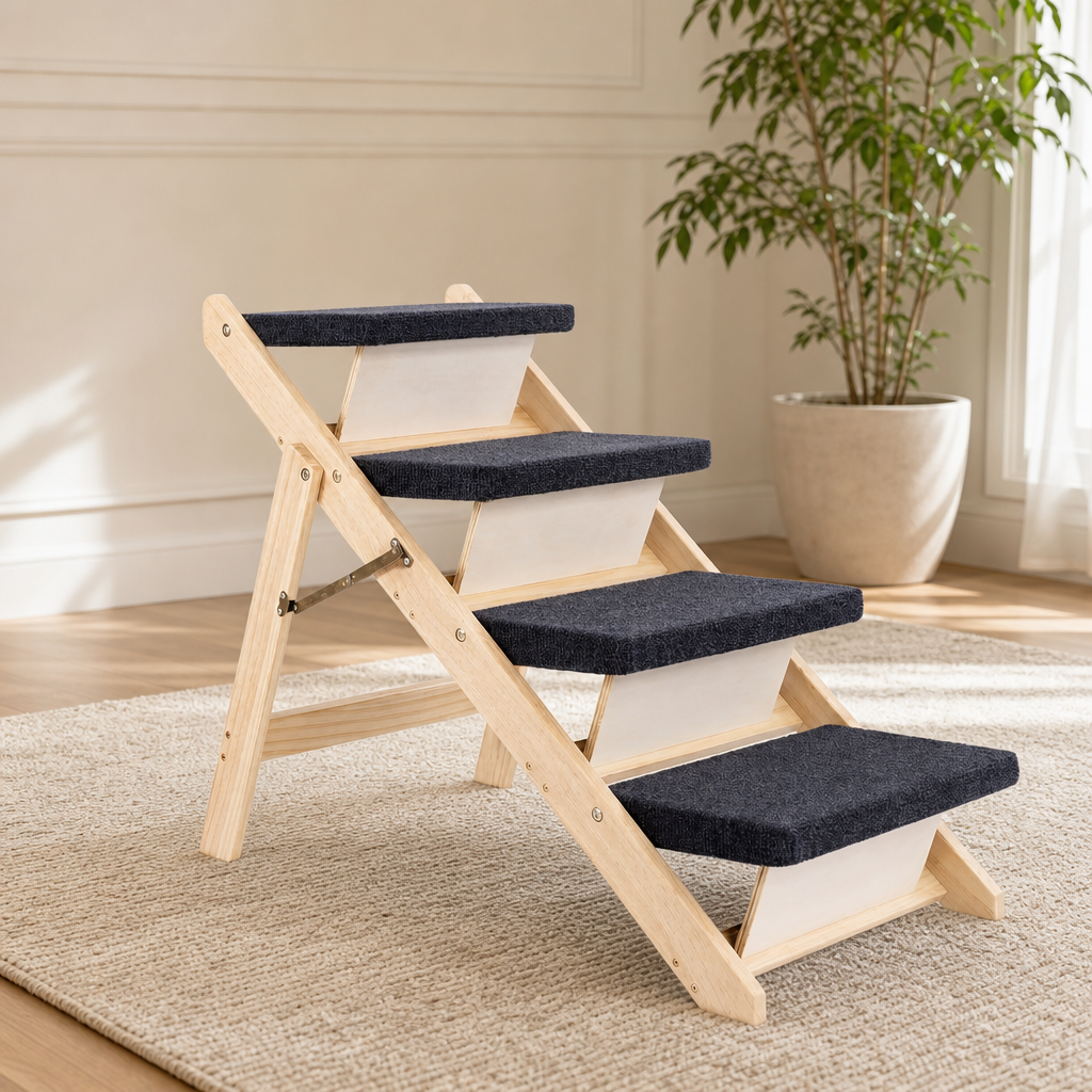 Pet Foldable Stairs & Ramp — Solid Birch Wood, Anti‑Slip Treads (2–4 Steps) centered in a warm neutral furnished room
