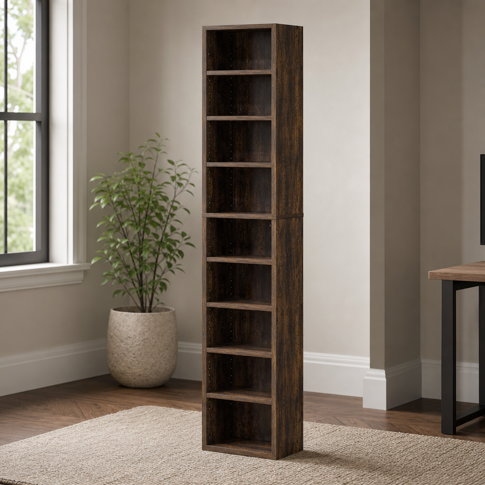 8-Shelf Slim Media Tower — Composite Wood DVD & CD Storage, 11.8" W x 51.9" H centered in a warm neutral furnished room