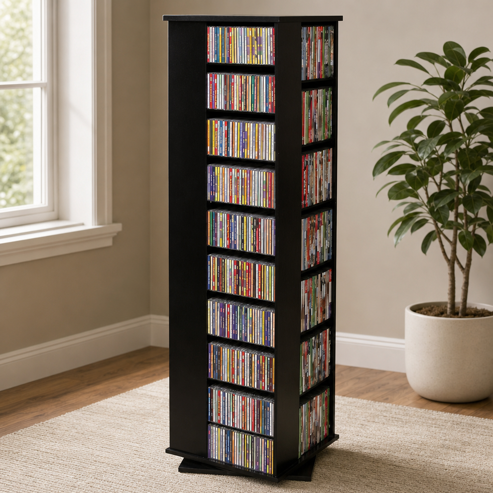 Revolving Media Tower — 4-Sided Spinner, 63" H x 18-3/4" Square centered in a warm neutral furnished room