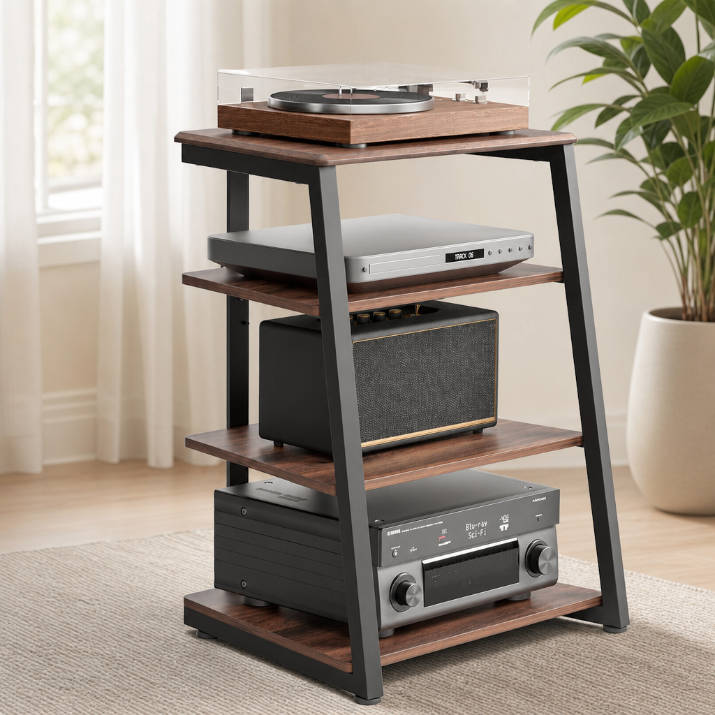 4-Tier Walnut-Finish Media Stand — Angled AV Rack, 23.8 x 20.3 x 30.7 in centered in a warm neutral furnished room