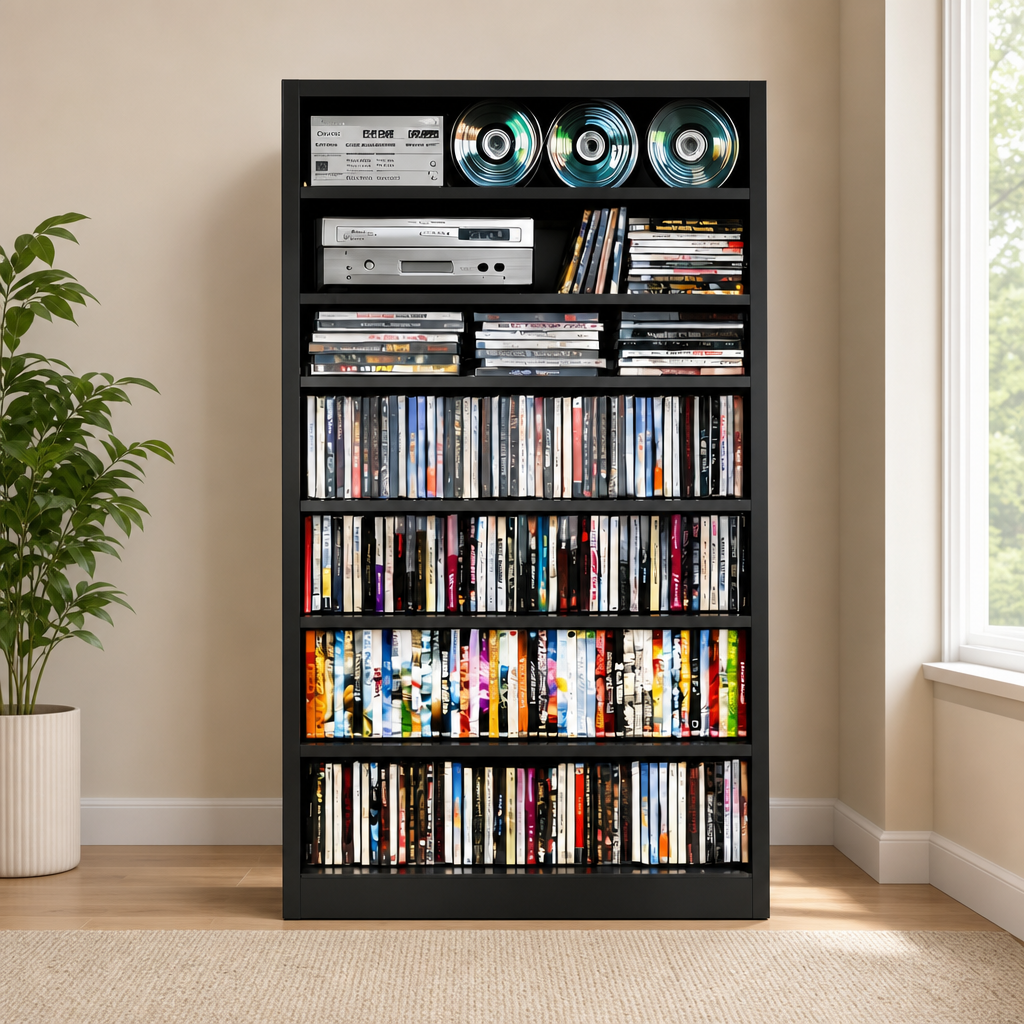 7-Tier Powder-Coated Metal Media Cabinet, Tall Black CD/DVD Storage centered in a warm neutral furnished room