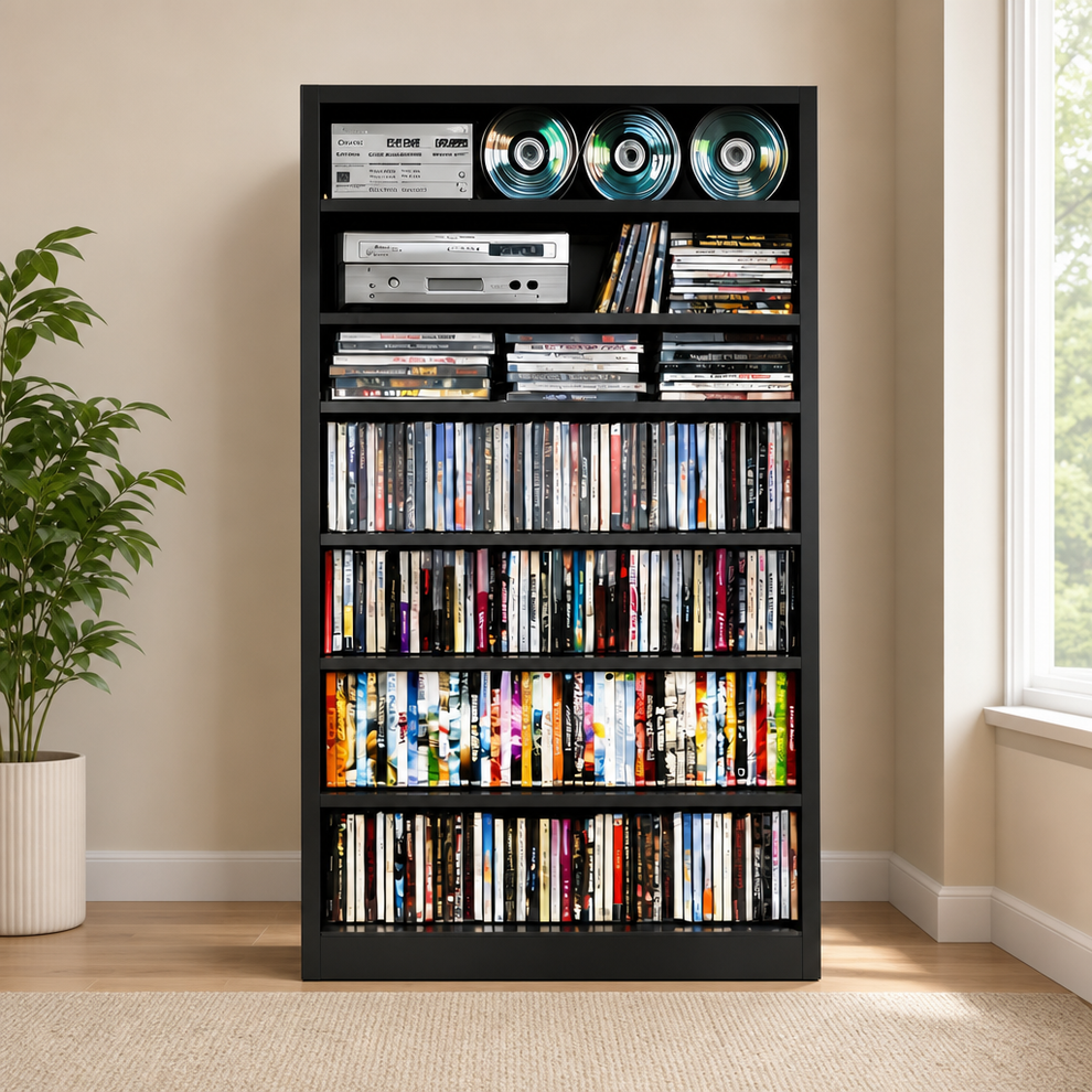 7-Tier Powder-Coated Metal Media Cabinet, Tall Black CD/DVD Storage centered in a warm neutral furnished room