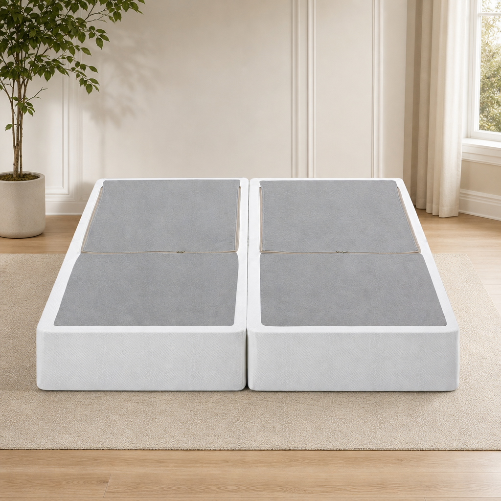 Folding Box Spring Foundation, 9 in Height, Steel Frame, Poly Jacquard Cover centered in a warm neutral furnished room