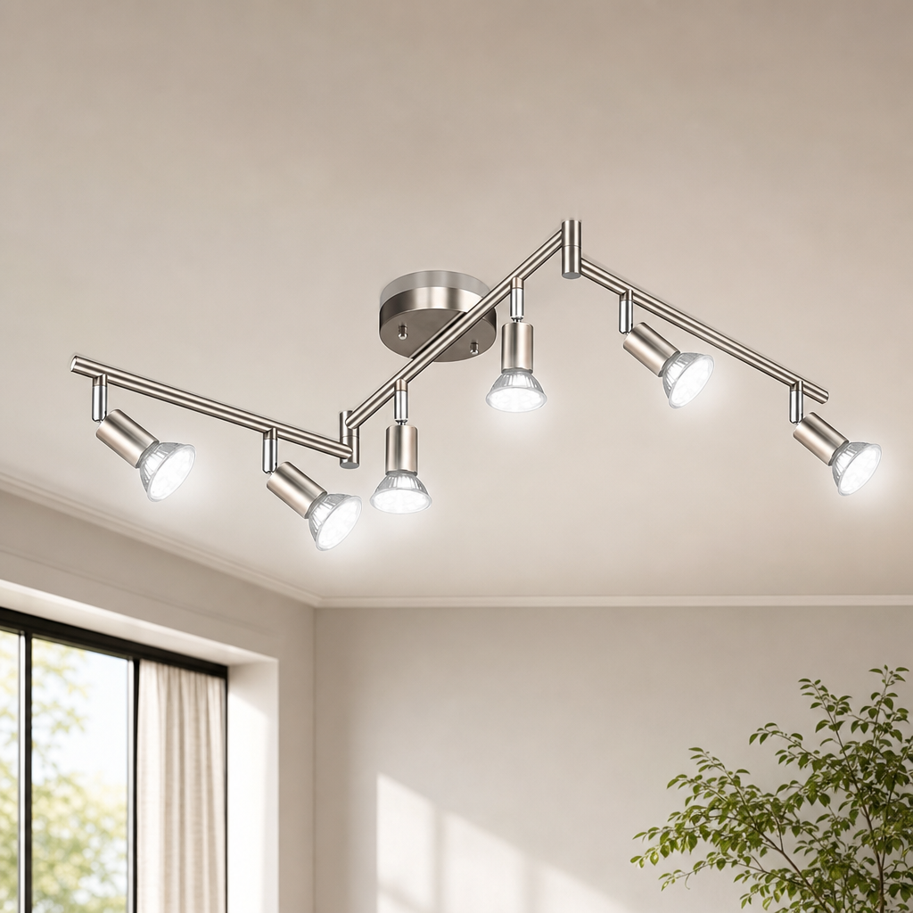Adjustable LED Track Lighting Kit — 4/6/8-Light, Matt Nickel or Black centered in a warm neutral furnished room